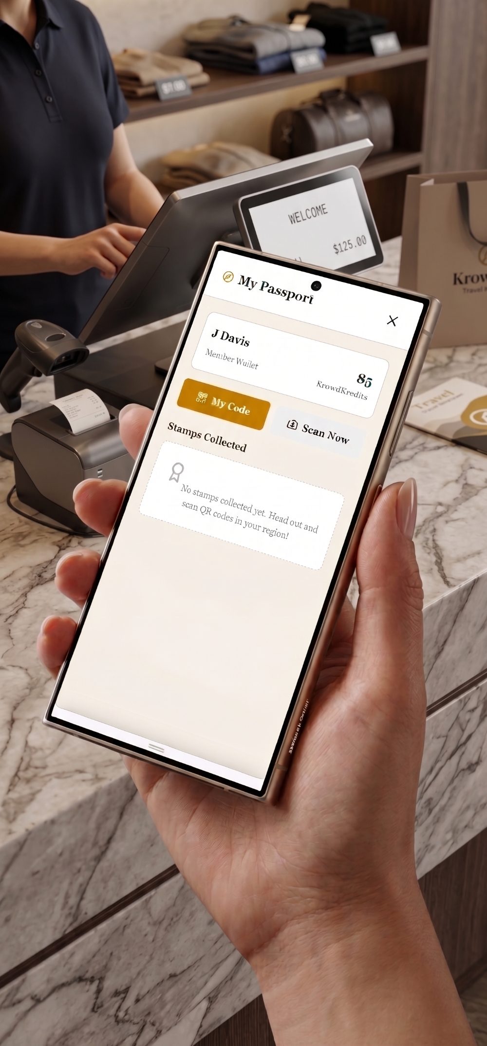 The Passport app open at a local shop counter, showing a KrowdKredits balance